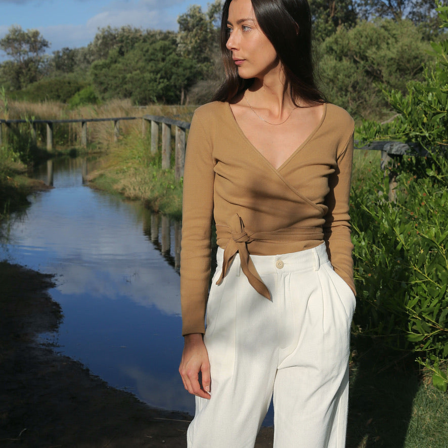 Clio Wrap Top in Camel
