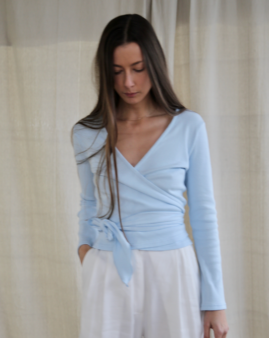 Clio Wrap Top in Sky Blue