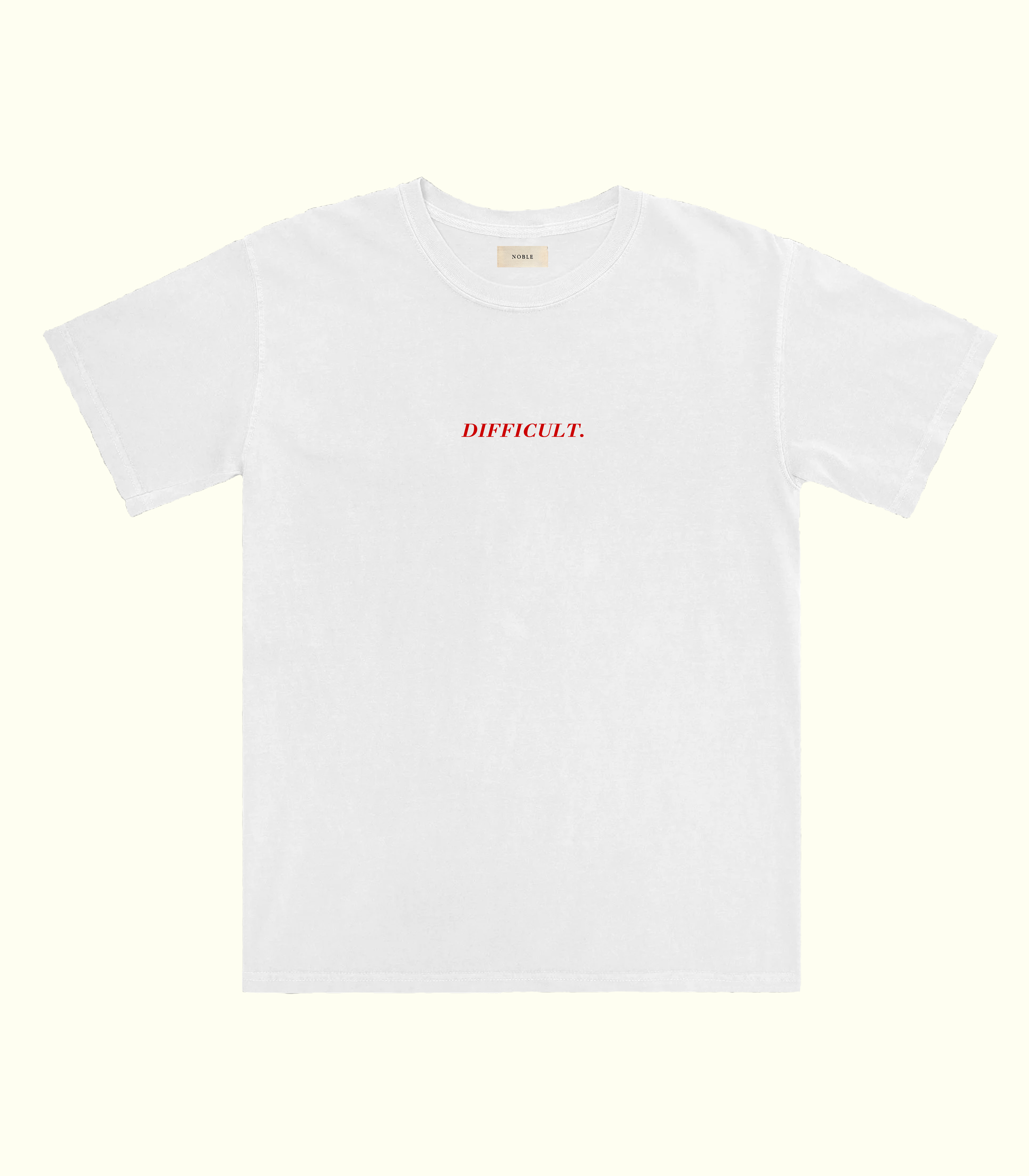 White t-shirt with red text 'DIFFICULT.' on a white background