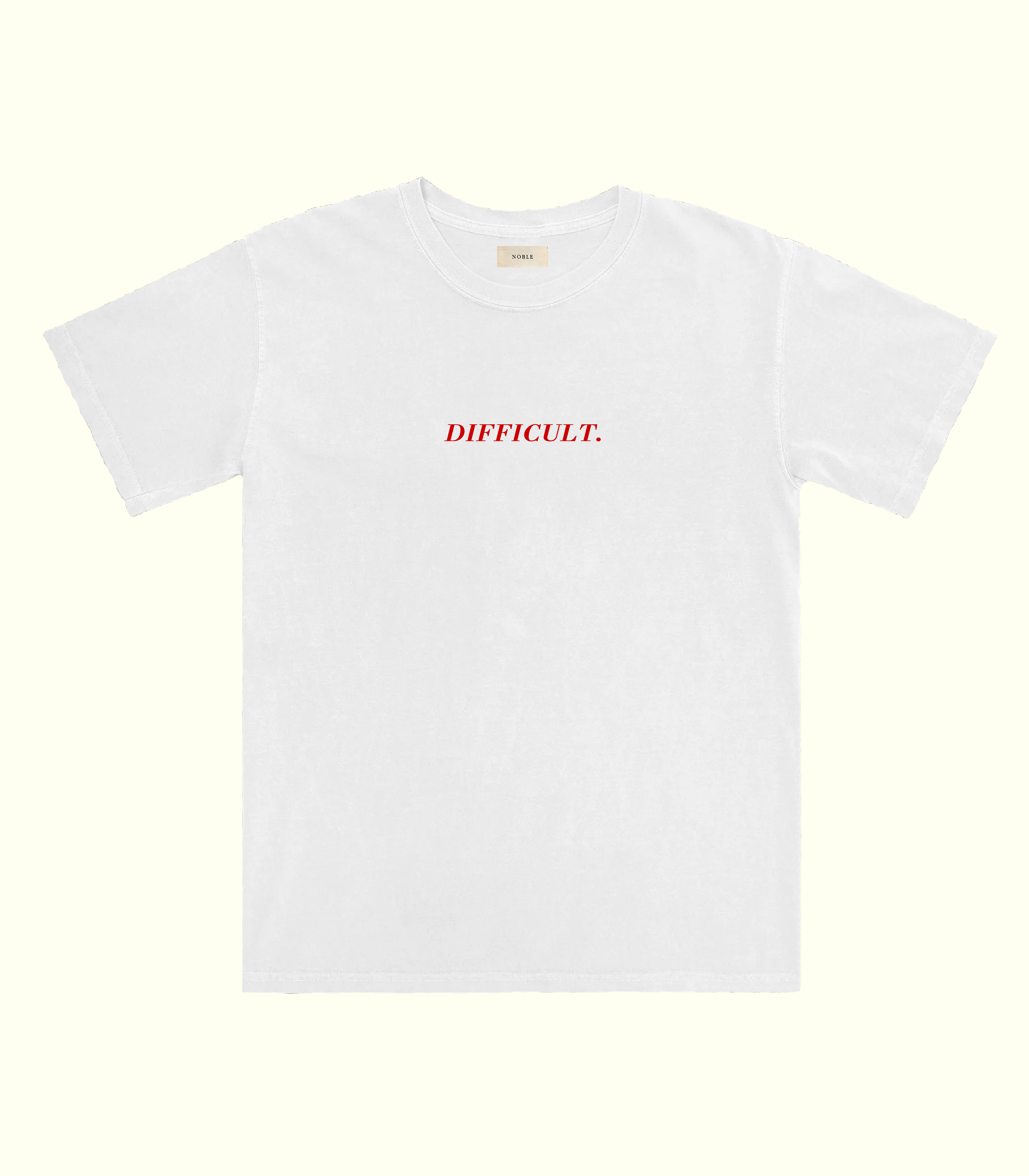 White t-shirt with red text 'DIFFICULT.' on a white background