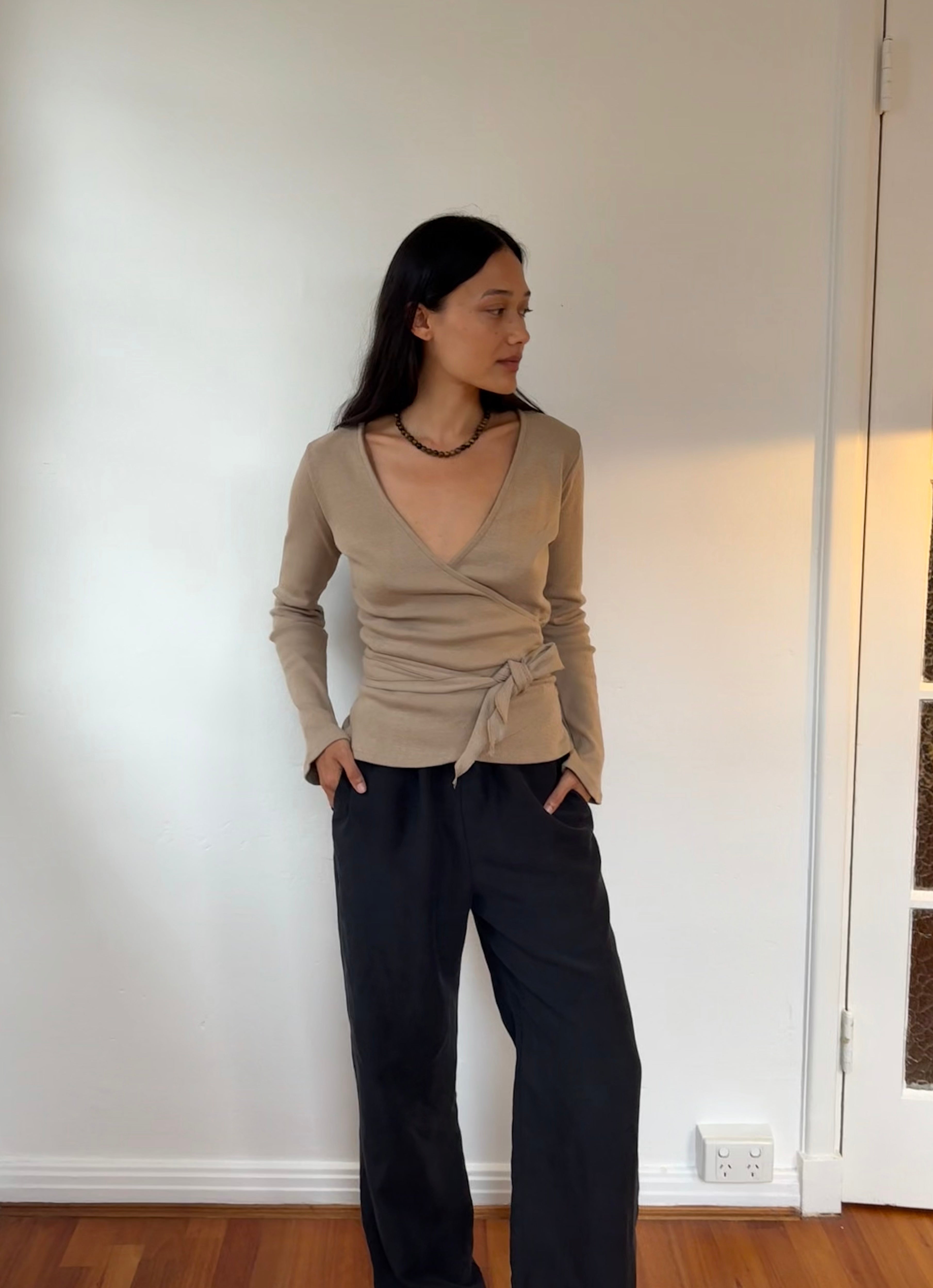 Clio Wrap Top in Camel